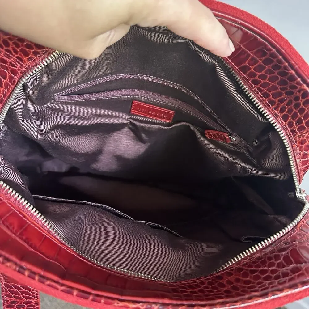 Levenger Suede Leather Shoulder Bag Tote Buckle Red Square Holiday Top Zip Purse